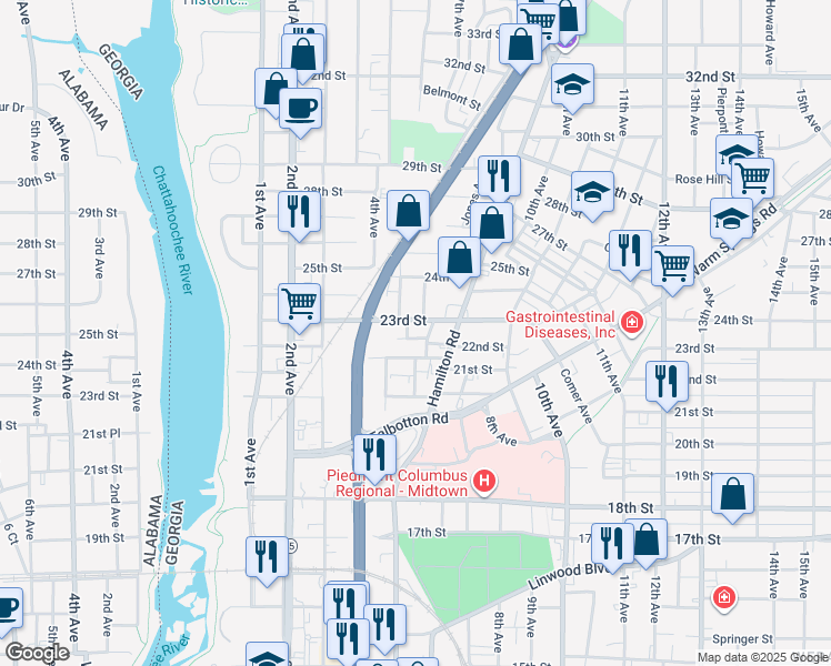 map of restaurants, bars, coffee shops, grocery stores, and more near 507 22nd Street in Columbus