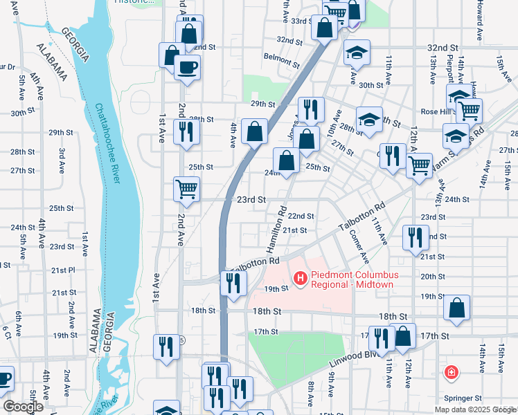 map of restaurants, bars, coffee shops, grocery stores, and more near 504 23rd Street in Columbus