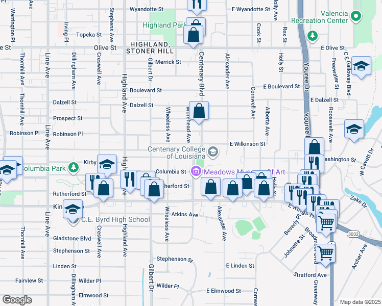 map of restaurants, bars, coffee shops, grocery stores, and more near 2710 Centenary Boulevard in Shreveport