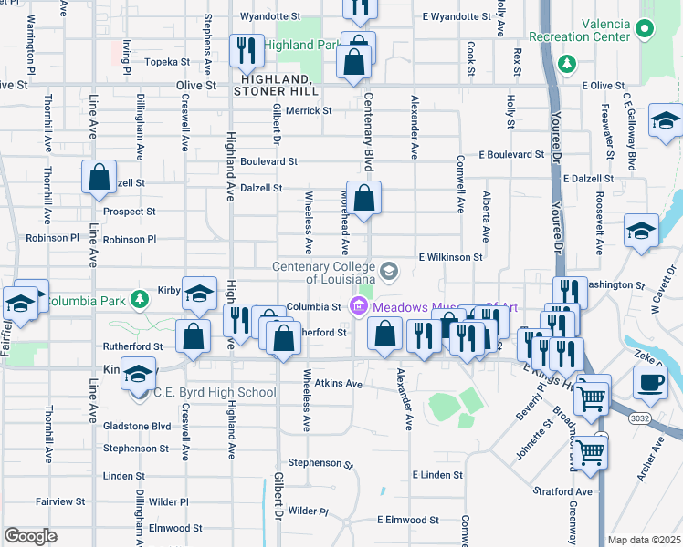 map of restaurants, bars, coffee shops, grocery stores, and more near 259 Wilkinson Street in Shreveport