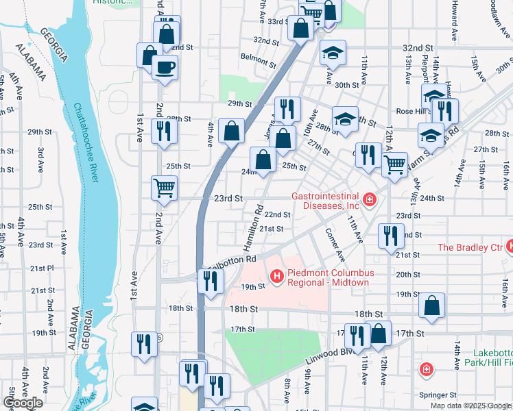 map of restaurants, bars, coffee shops, grocery stores, and more near 626 23rd Street in Columbus