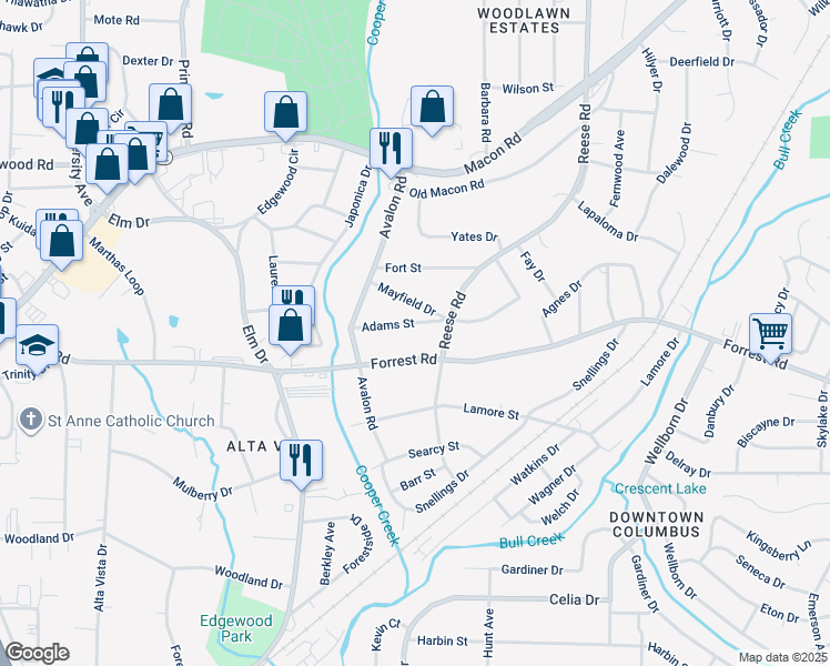 map of restaurants, bars, coffee shops, grocery stores, and more near 4260 Adams Street in Columbus