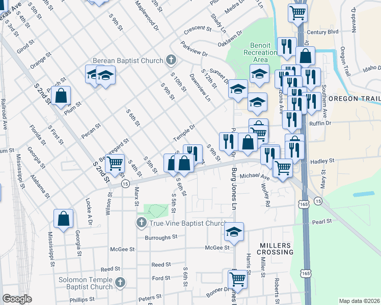 map of restaurants, bars, coffee shops, grocery stores, and more near 1714 S 8th St in Monroe