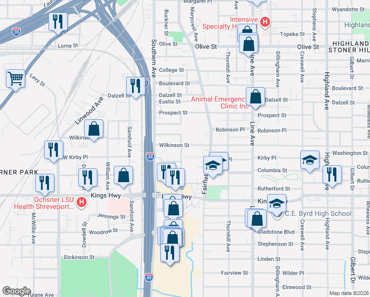 map of restaurants, bars, coffee shops, grocery stores, and more near 1050 Wilkinson Street in Shreveport