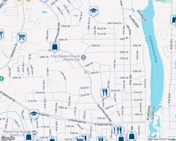 map of restaurants, bars, coffee shops, grocery stores, and more near 2502 Summerville Road in Phenix City