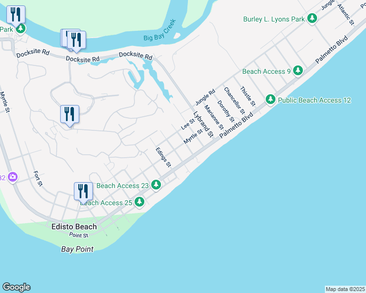 map of restaurants, bars, coffee shops, grocery stores, and more near 1806 Myrtle Street in Edisto Island