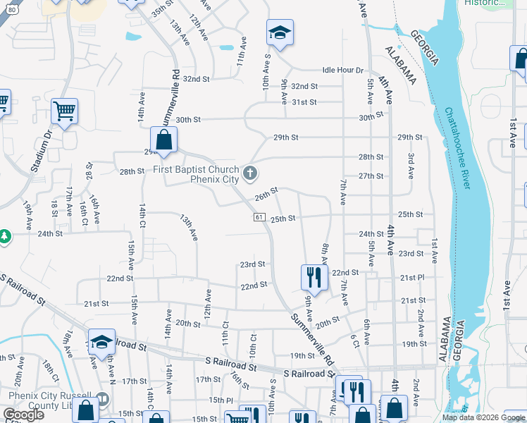 map of restaurants, bars, coffee shops, grocery stores, and more near 2502 Summerville Road in Phenix City