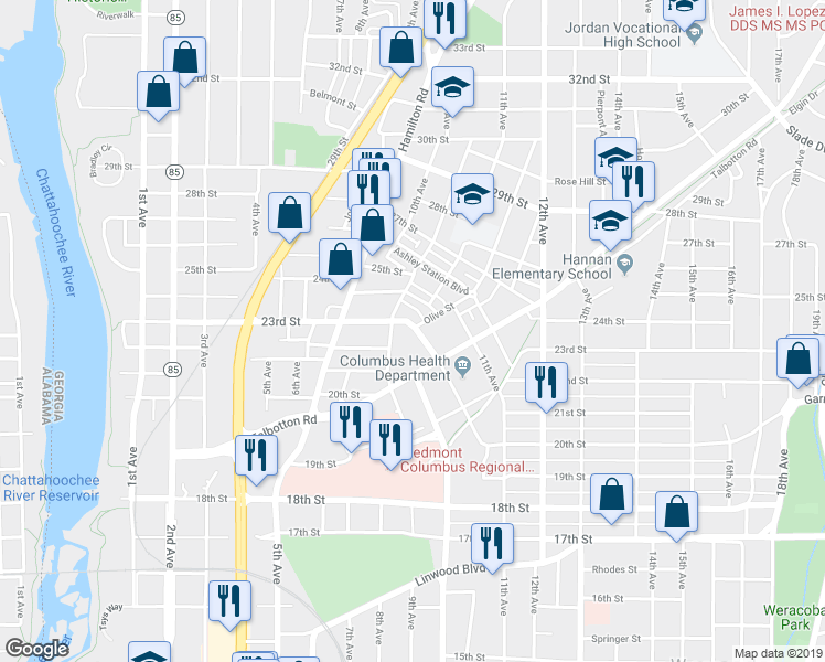 map of restaurants, bars, coffee shops, grocery stores, and more near 2133 Comer Avenue in Columbus