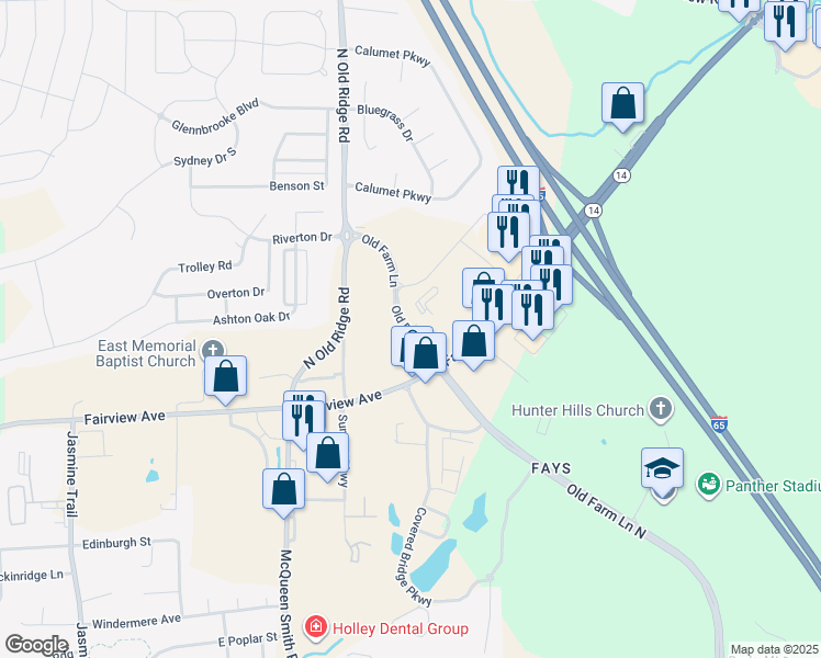 map of restaurants, bars, coffee shops, grocery stores, and more near Old Farm Lane in Prattville