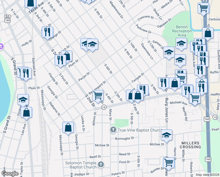 map of restaurants, bars, coffee shops, grocery stores, and more near 1613 S 5th St in Monroe