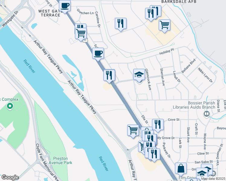 map of restaurants, bars, coffee shops, grocery stores, and more near 3500 Barksdale Boulevard in Bossier City