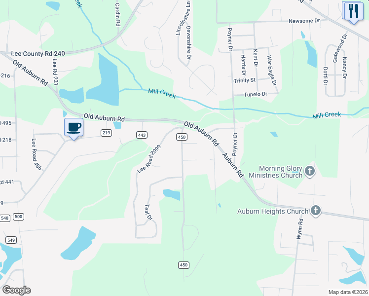 map of restaurants, bars, coffee shops, grocery stores, and more near 120 Lee Road 450 in Phenix City