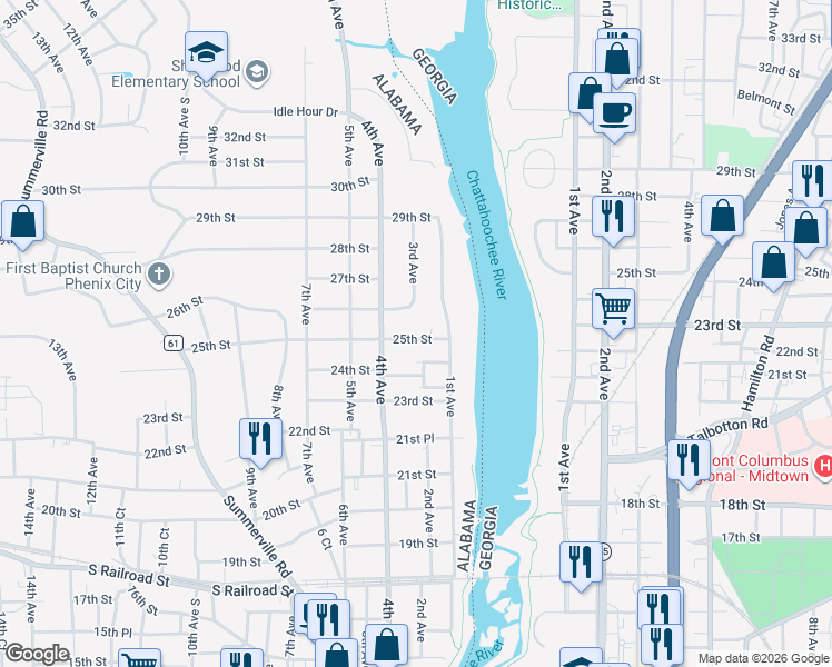 map of restaurants, bars, coffee shops, grocery stores, and more near 202 25th Street in Phenix City