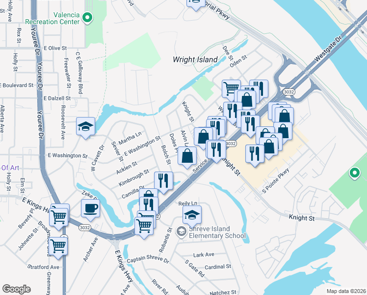 map of restaurants, bars, coffee shops, grocery stores, and more near 2827 Alvin Lane in Shreveport