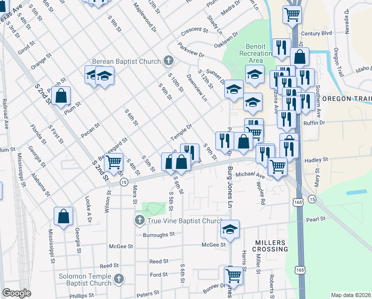 map of restaurants, bars, coffee shops, grocery stores, and more near 1714 S 8th St in Monroe