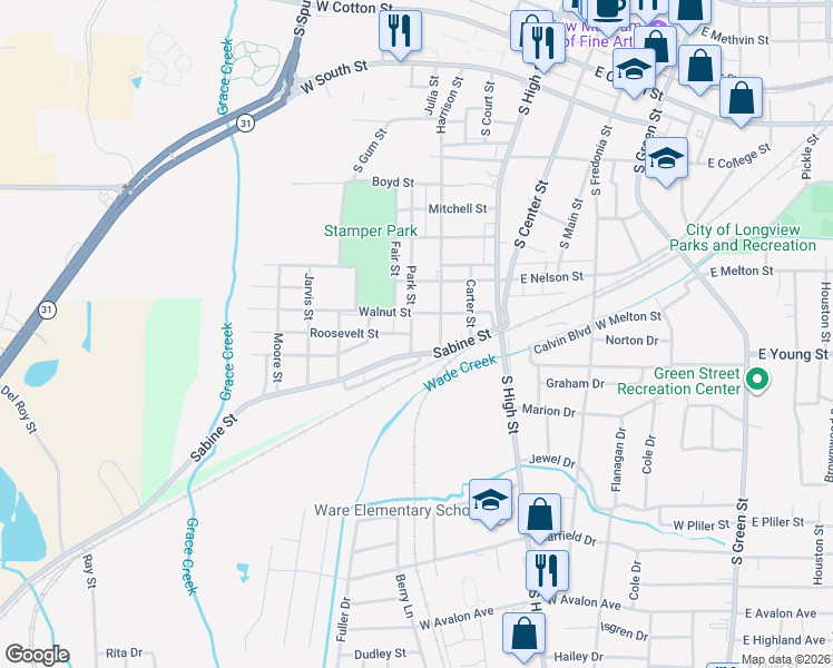 map of restaurants, bars, coffee shops, grocery stores, and more near 610 Park Street in Longview