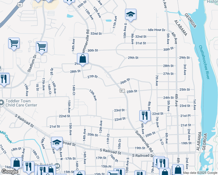 map of restaurants, bars, coffee shops, grocery stores, and more near 2207 26th Street in Phenix City