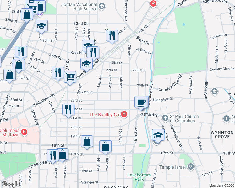 map of restaurants, bars, coffee shops, grocery stores, and more near 1526 24th Street in Columbus