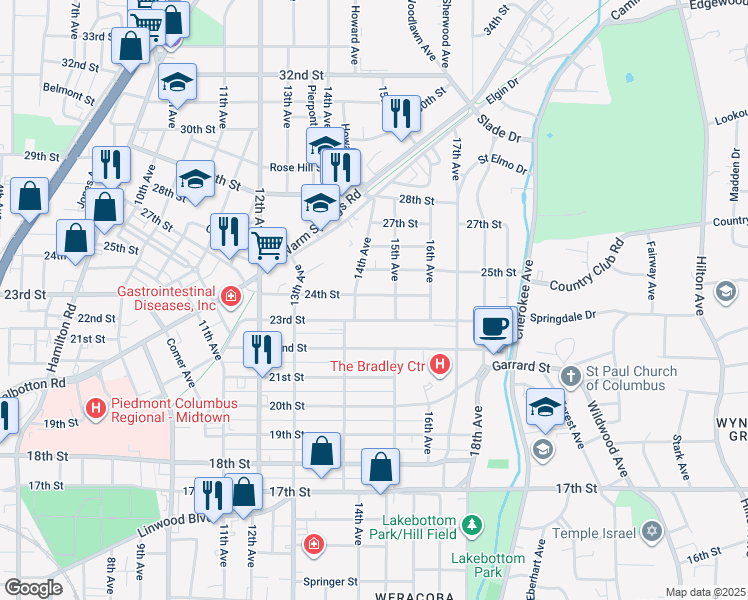 map of restaurants, bars, coffee shops, grocery stores, and more near 1426 24th Street in Columbus
