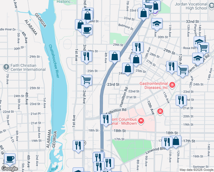 map of restaurants, bars, coffee shops, grocery stores, and more near 400 23rd Street in Columbus