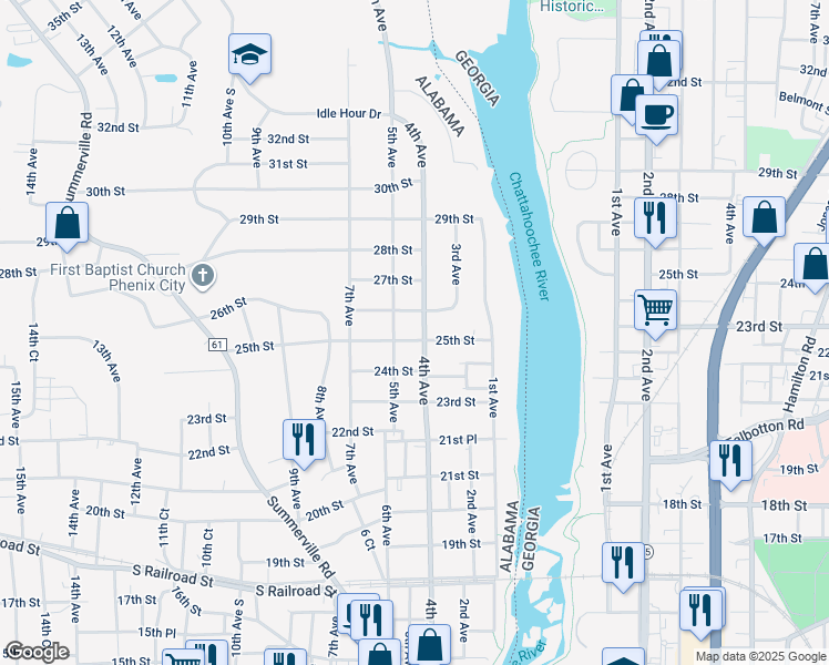 map of restaurants, bars, coffee shops, grocery stores, and more near 2503 4th Avenue in Phenix City