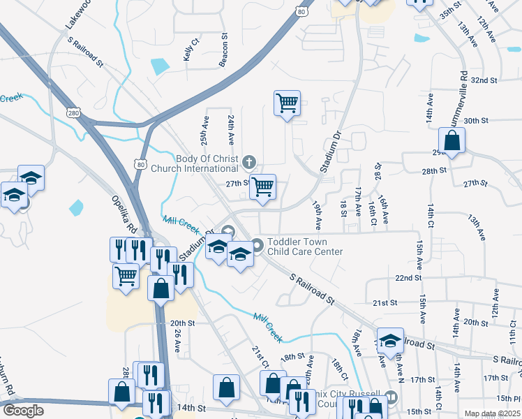 map of restaurants, bars, coffee shops, grocery stores, and more near 2106 Stadium Drive in Phenix City