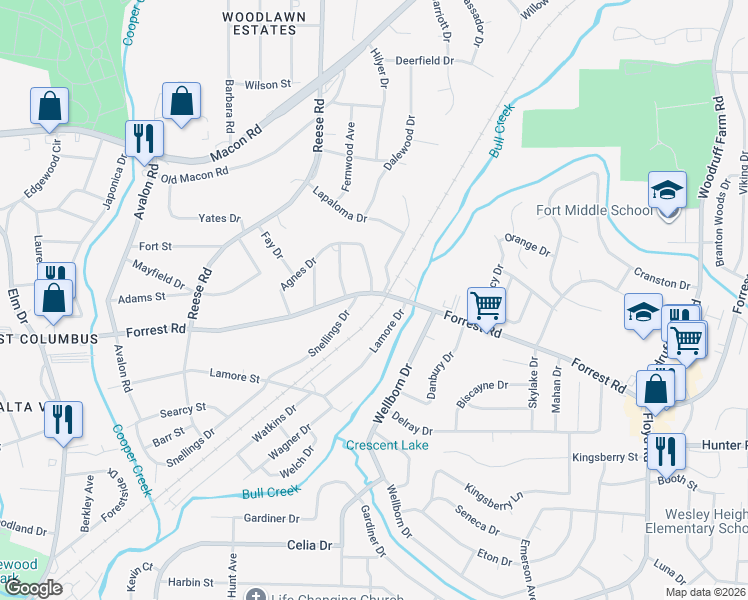 map of restaurants, bars, coffee shops, grocery stores, and more near 4618 Forrest Road in Columbus