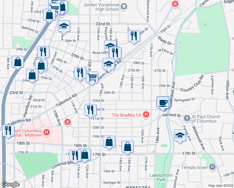 map of restaurants, bars, coffee shops, grocery stores, and more near 1352 24th Street in Columbus
