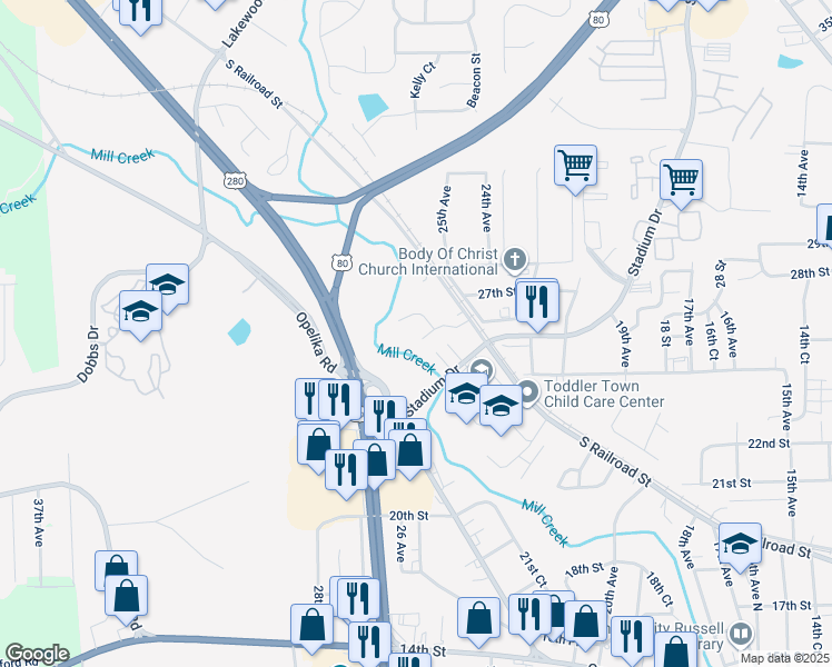 map of restaurants, bars, coffee shops, grocery stores, and more near 2506 Tillery Lane in Phenix City