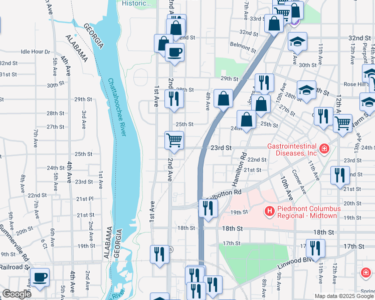 map of restaurants, bars, coffee shops, grocery stores, and more near 2300 3rd Avenue in Columbus