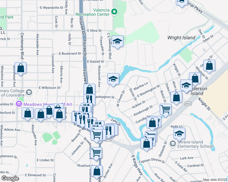 map of restaurants, bars, coffee shops, grocery stores, and more near 2605 C E Galloway Boulevard in Shreveport