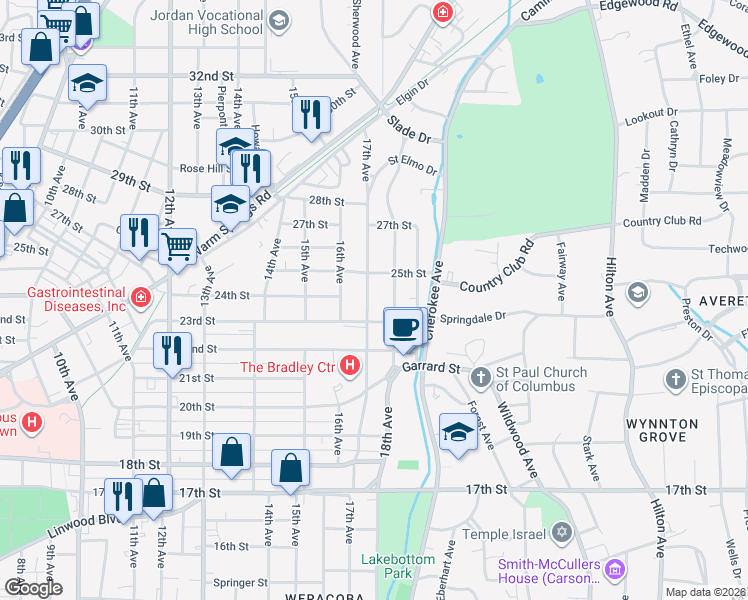 map of restaurants, bars, coffee shops, grocery stores, and more near 2320 17th Avenue in Columbus