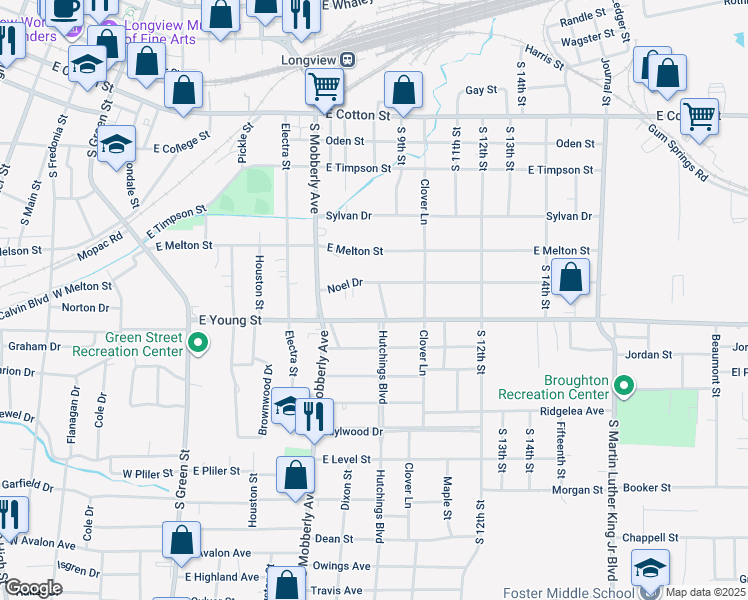 map of restaurants, bars, coffee shops, grocery stores, and more near 505 Aden Dr in Longview
