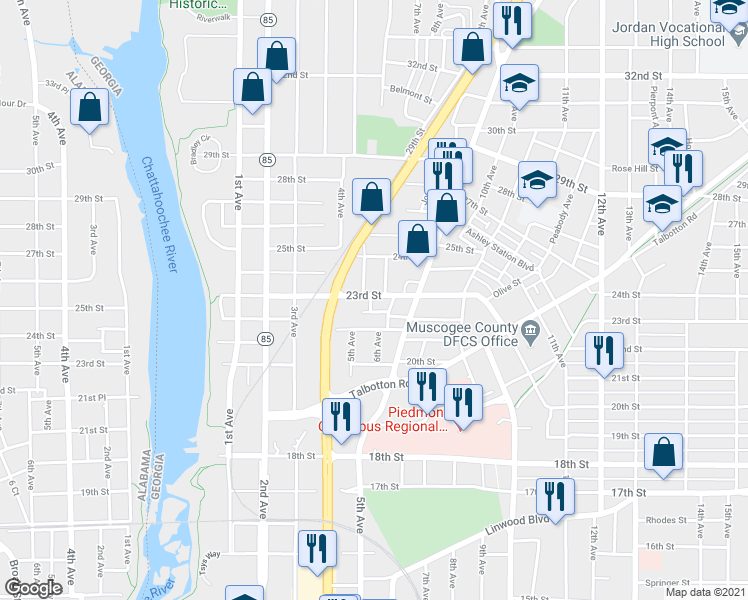 map of restaurants, bars, coffee shops, grocery stores, and more near 504 23rd St in Columbus