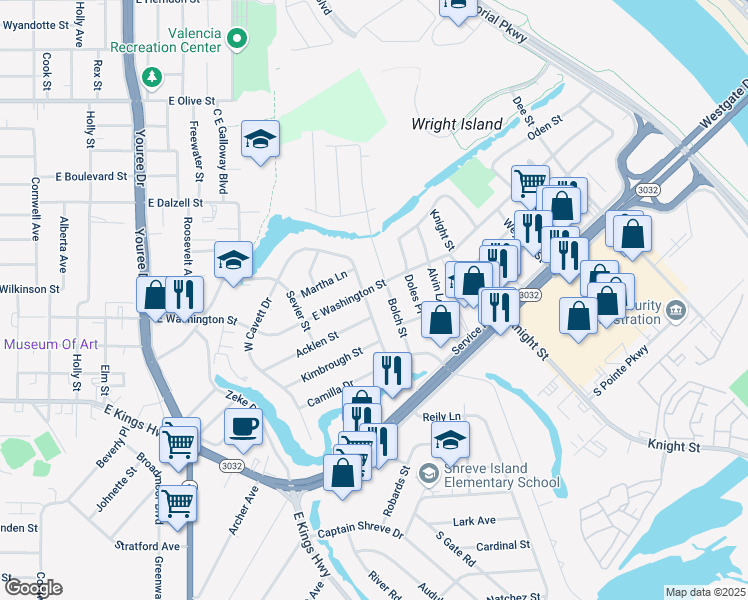 map of restaurants, bars, coffee shops, grocery stores, and more near 2810 Bolch Street in Shreveport