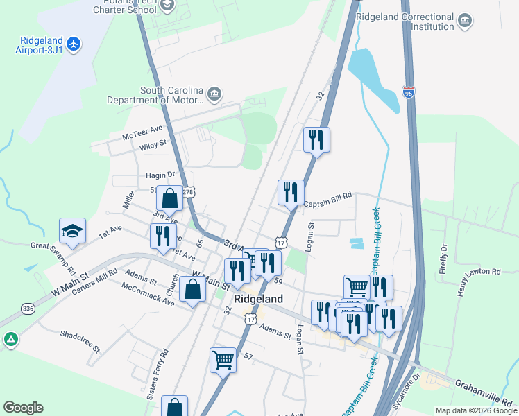 map of restaurants, bars, coffee shops, grocery stores, and more near 206 Ivy Street in Ridgeland