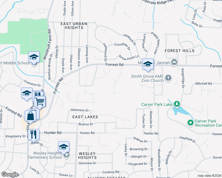 map of restaurants, bars, coffee shops, grocery stores, and more near 2626 Honeysuckle Drive in Columbus