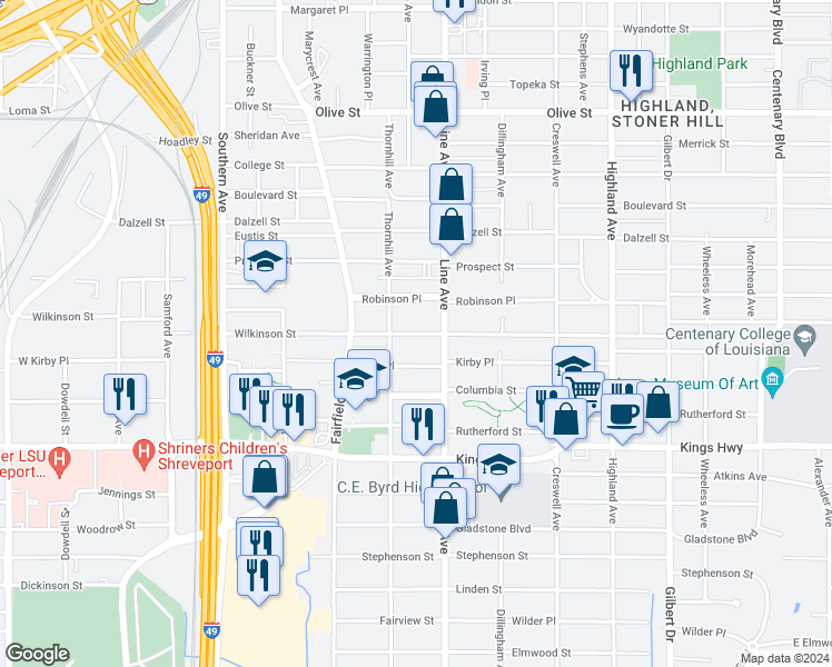 map of restaurants, bars, coffee shops, grocery stores, and more near 830 Wilkinson Street in Shreveport