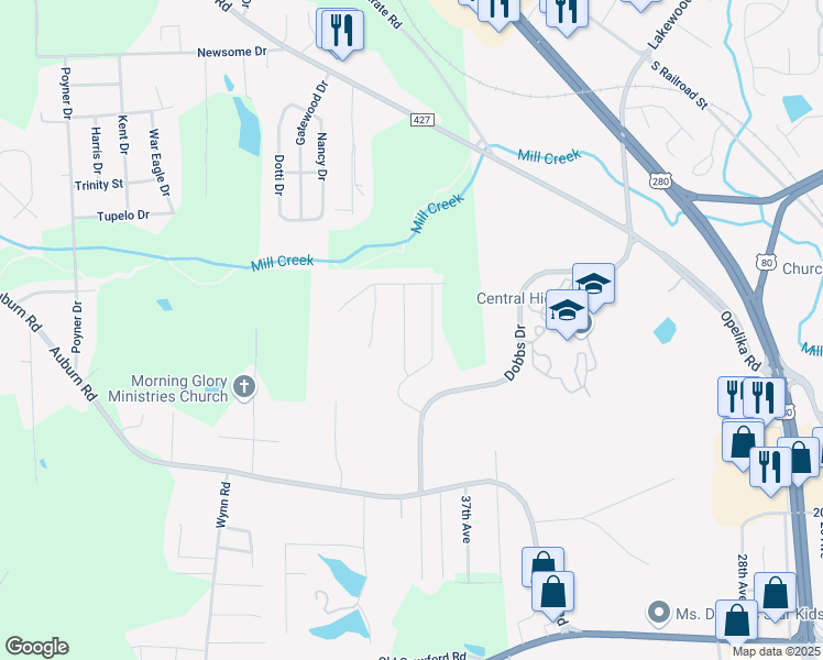 map of restaurants, bars, coffee shops, grocery stores, and more near 2512 Hickoryridge Drive in Phenix City