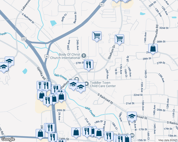 map of restaurants, bars, coffee shops, grocery stores, and more near 2106 Stadium Drive in Phenix City