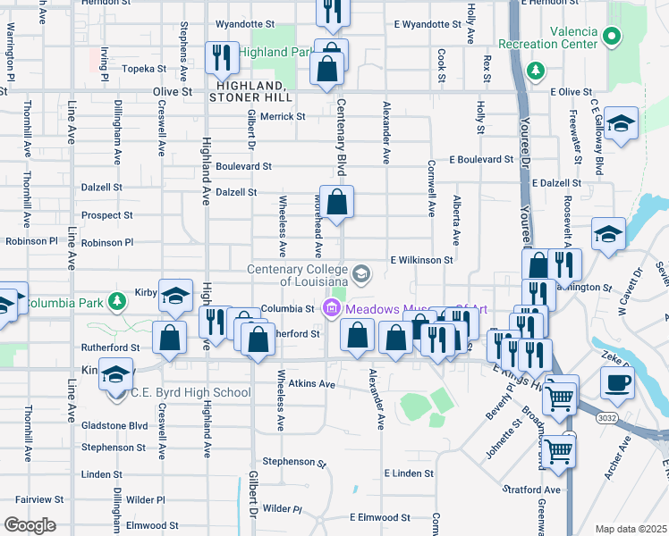 map of restaurants, bars, coffee shops, grocery stores, and more near 2710 Centenary Boulevard in Shreveport