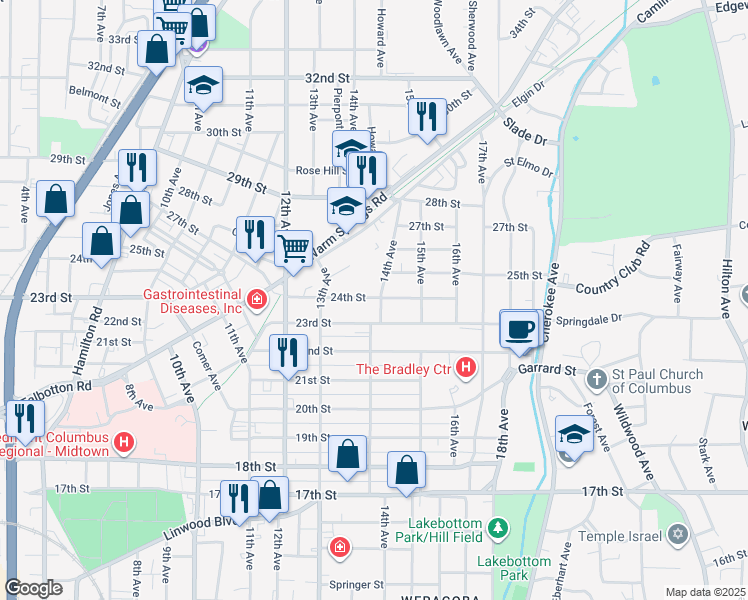 map of restaurants, bars, coffee shops, grocery stores, and more near 1352 24th Street in Columbus