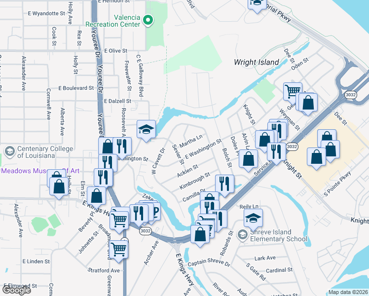 map of restaurants, bars, coffee shops, grocery stores, and more near 811 Martha Lane in Shreveport
