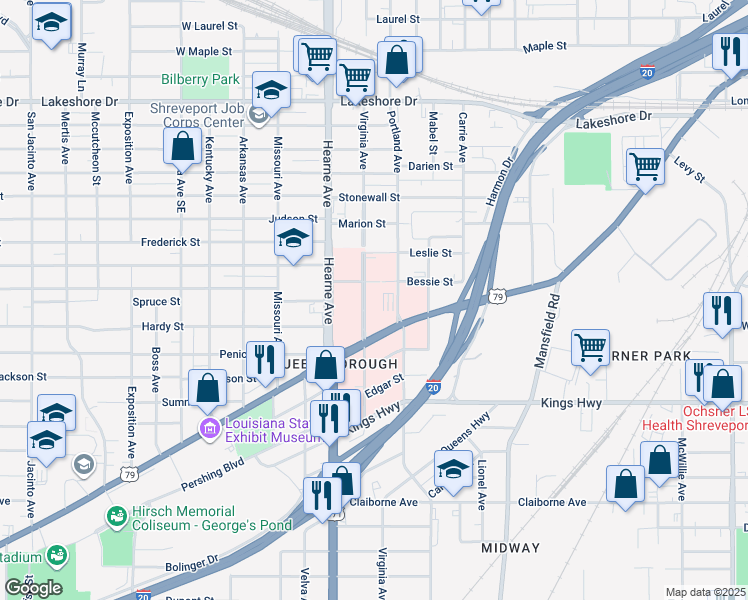 map of restaurants, bars, coffee shops, grocery stores, and more near 2715 Albert L Bicknell Drive in Shreveport