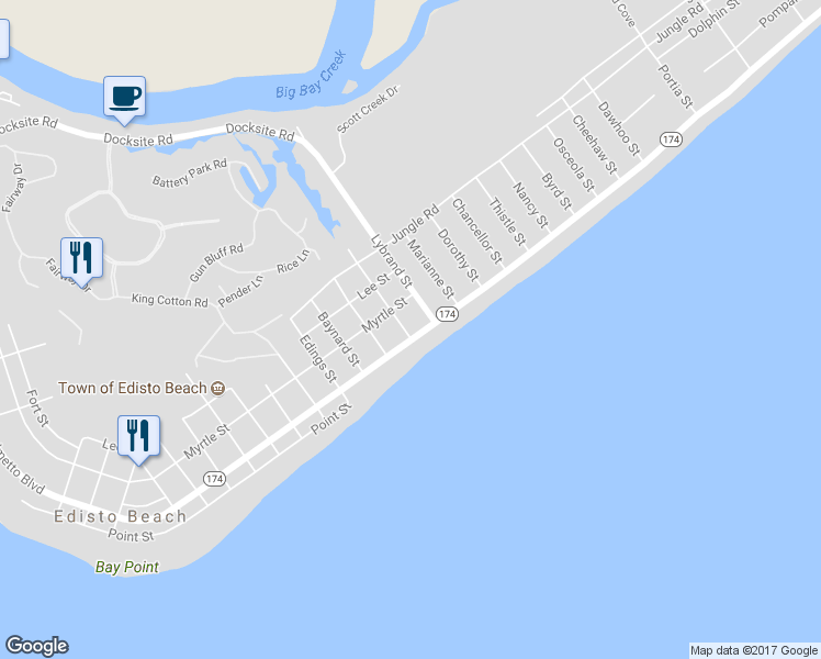 map of restaurants, bars, coffee shops, grocery stores, and more near 1705 Palmetto Boulevard in Edisto Island