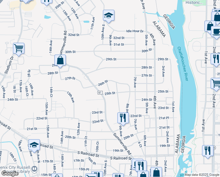 map of restaurants, bars, coffee shops, grocery stores, and more near 2504 10th Avenue in Phenix City