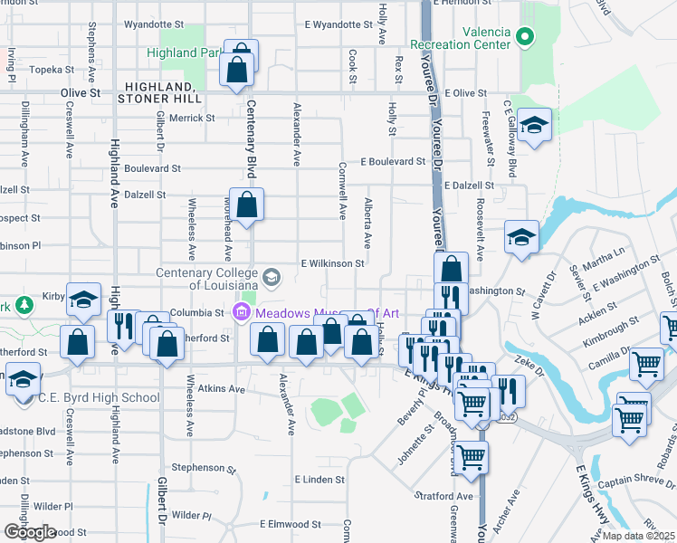 map of restaurants, bars, coffee shops, grocery stores, and more near 143 East Wilkinson Street in Shreveport