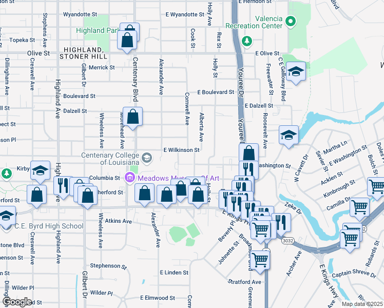 map of restaurants, bars, coffee shops, grocery stores, and more near 143 East Wilkinson Street in Shreveport