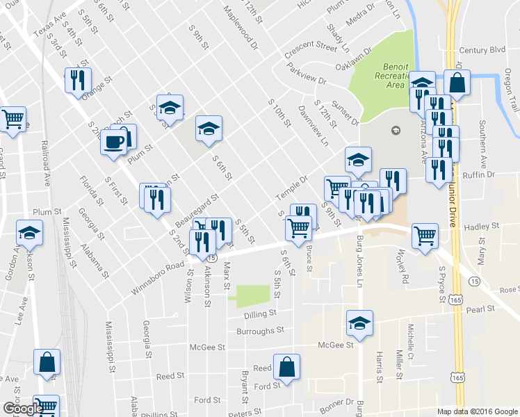 map of restaurants, bars, coffee shops, grocery stores, and more near 1623 South 6th Street in Monroe
