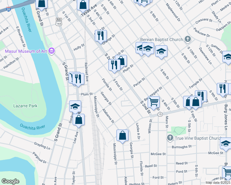 map of restaurants, bars, coffee shops, grocery stores, and more near 1303 Florida St in Monroe